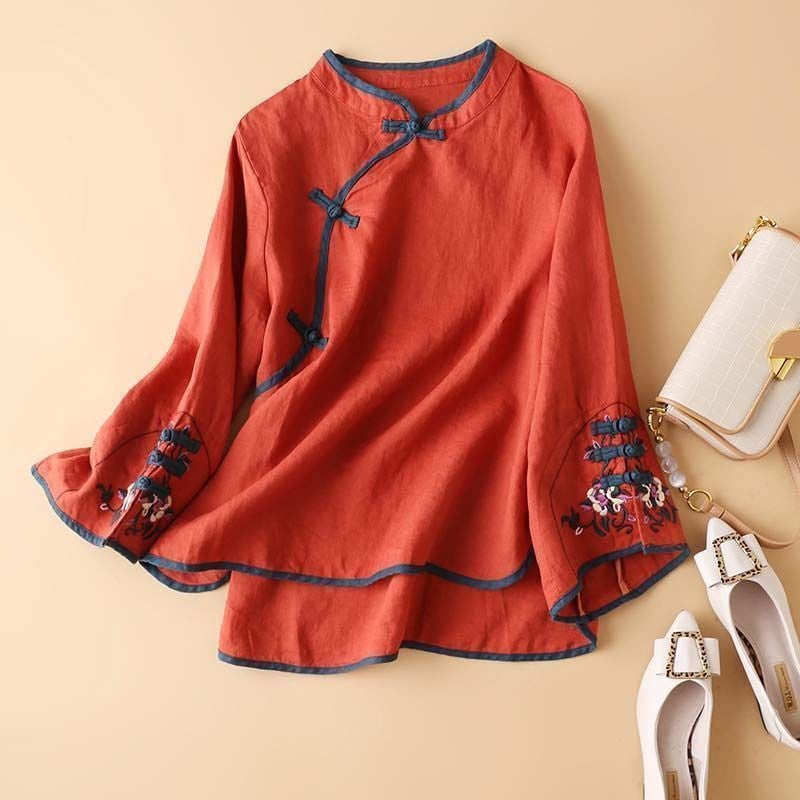 Spring and Autumn Womens 2024 New Chinese Style National Fashion Womens Slant Placket Button Top Artistic Embroidered Loose Blouse J215 Pink - Image 3