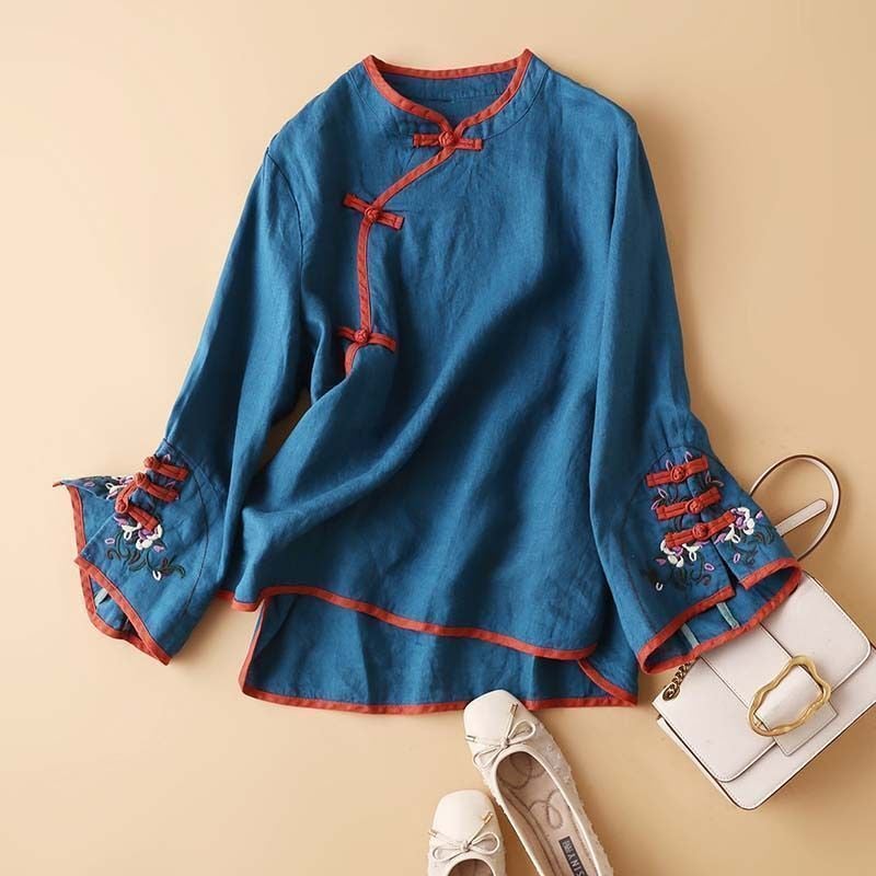 Spring and Autumn Womens 2024 New Chinese Style National Fashion Womens Slant Placket Button Top Artistic Embroidered Loose Blouse J215 Pink - Image 2
