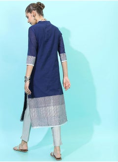 Vishudh Women Navy Blue & Grey Colourblocked Shawl Neck Kurta  - Image 3