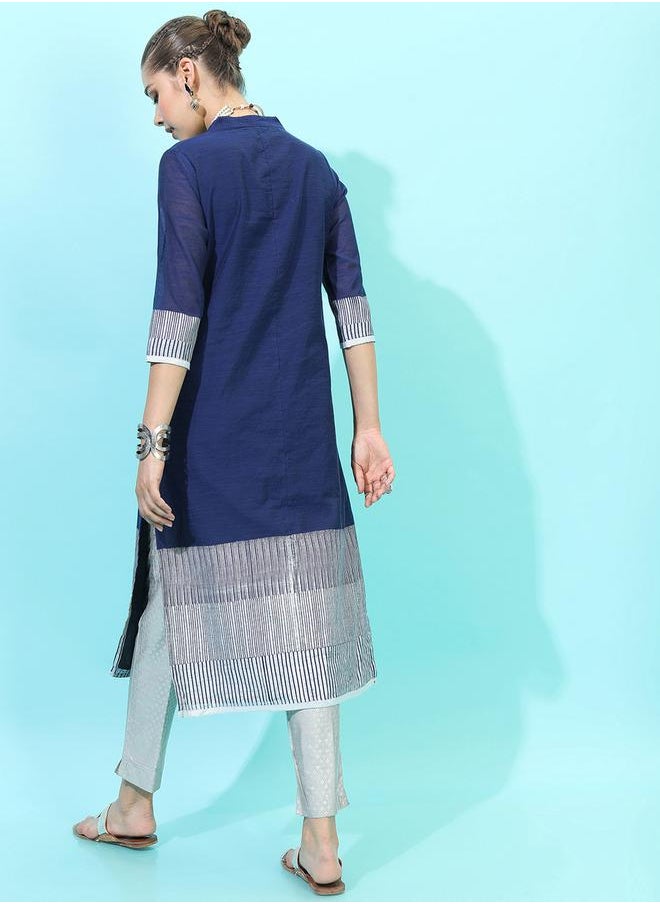 Vishudh Women Navy Blue & Grey Colourblocked Shawl Neck Kurta by Styli  - Image 3