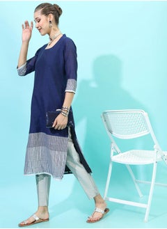 Vishudh Women Navy Blue & Grey Colourblocked Shawl Neck Kurta  - Image 2