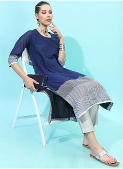 Vishudh Women Navy Blue & Grey Colourblocked Shawl Neck Kurta  - Image 5