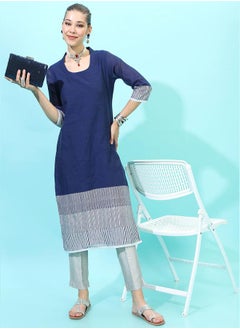 Vishudh Women Navy Blue & Grey Colourblocked Shawl Neck Kurta  - Image 1