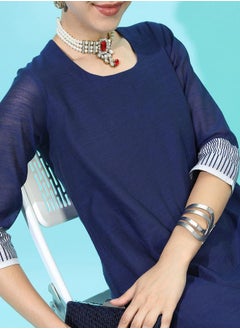 Vishudh Women Navy Blue & Grey Colourblocked Shawl Neck Kurta  - Image 4