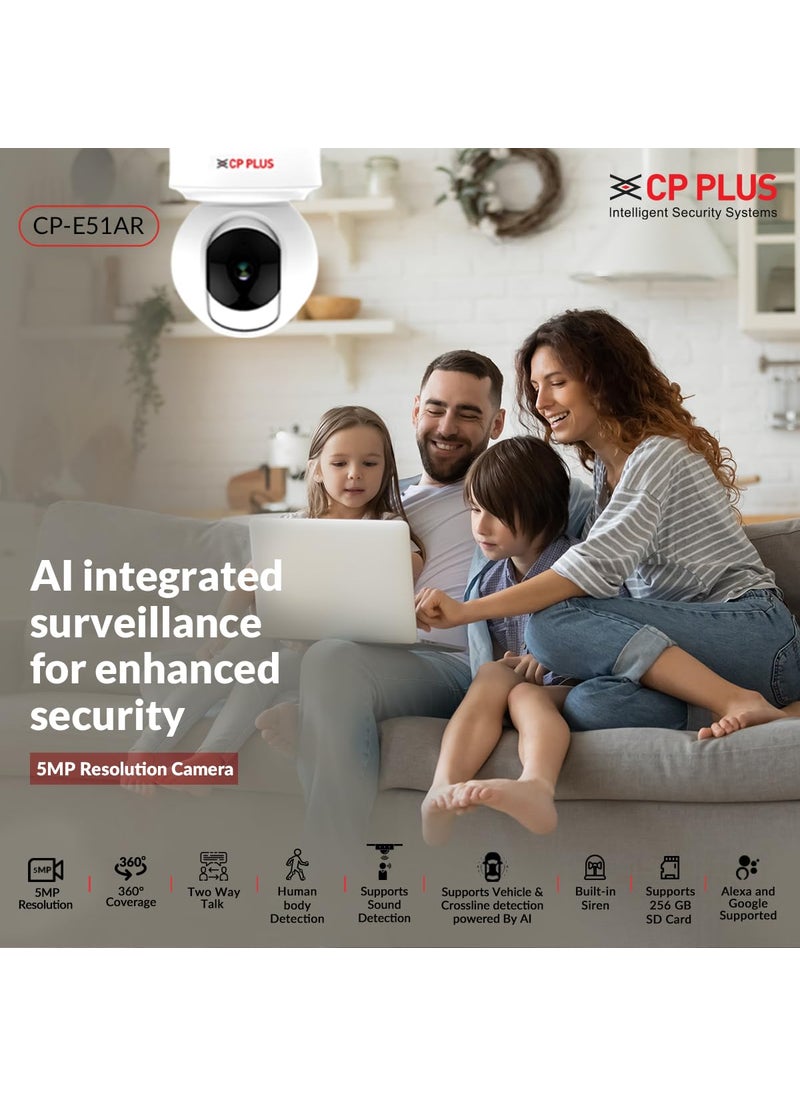 CP PLUS - CP PLUS 5 MP Resolution Smart Wi-fi Ai CCTV Camera | 2 Way Talk | Human Body Detection & Motion Tracking Alert | Supports Vehicle & Crossline Detection Powered by Ai | Advanced Night Vision | CP-E51AR - Image 1