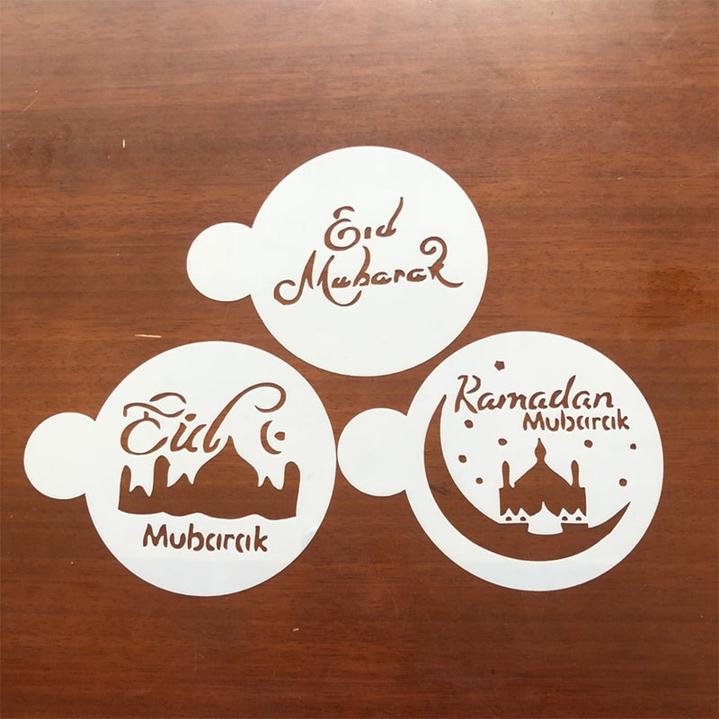 🍽️ مجموعة 3 قوالب بلاستيكية لتزيين القهوة عيد مبارك رمضان قالب تزيين كيك أبيض - Image 4