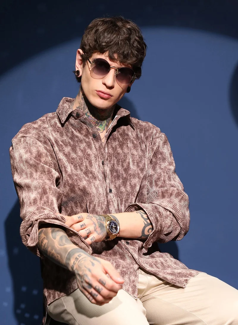 Campus Sutra Men's Russet Brown Faded Corduroy Relaxed Shirt