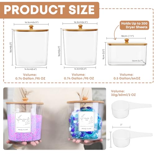 COAZEX 3 Pack Laundry Powder Container & Dryer Sheet Holder, Large Plastic Laundry Room Organization and Storage Jars with Lids, Labels & Scoops for Powder, Detergent, Scent Booster - Image 2