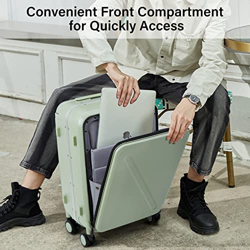 MILADA Wide Handle Carry On Luggage with Front Pocket Hardshell 20 Inch Front Opening Luggage with Spinner Wheels TSA Lock Aluminium Suitcase Airline Approved Carry-On Travel Luggage, Bamboo Green - Image 2