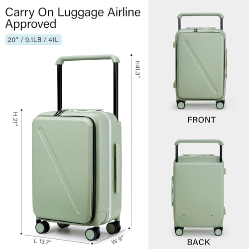 MILADA Wide Handle Carry On Luggage with Front Pocket Hardshell 20 Inch Front Opening Luggage with Spinner Wheels TSA Lock Aluminium Suitcase Airline Approved Carry-On Travel Luggage, Bamboo Green - Image 3