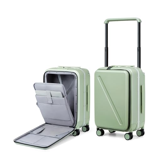 MILADA Wide Handle Carry On Luggage with Front Pocket Hardshell 20 Inch Front Opening Luggage with Spinner Wheels TSA Lock Aluminium Suitcase Airline Approved Carry-On Travel Luggage, Bamboo Green - Image 1
