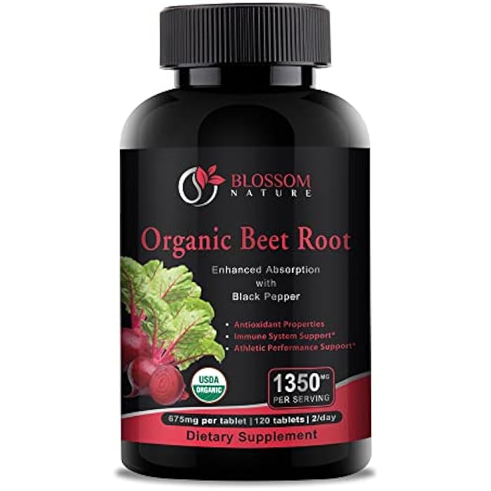 Blossom Nature Organic Beet Root Powder 1350mg with Black Pepper-Nitric Oxide Booster, Digestive System, Athletic Performance-120 Tablets,675mg of Organic Beet Powder per Tablet - Image 1