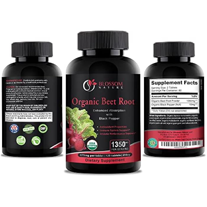 Blossom Nature Organic Beet Root Powder 1350mg with Black Pepper-Nitric Oxide Booster, Digestive System, Athletic Performance-120 Tablets,675mg of Organic Beet Powder per Tablet - Image 3