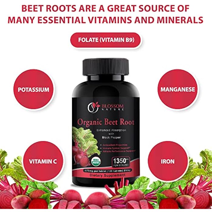 Blossom Nature Organic Beet Root Powder 1350mg with Black Pepper-Nitric Oxide Booster, Digestive System, Athletic Performance-120 Tablets,675mg of Organic Beet Powder per Tablet - Image 5