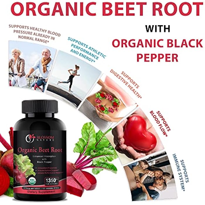 Blossom Nature Organic Beet Root Powder 1350mg with Black Pepper-Nitric Oxide Booster, Digestive System, Athletic Performance-120 Tablets,675mg of Organic Beet Powder per Tablet - Image 4