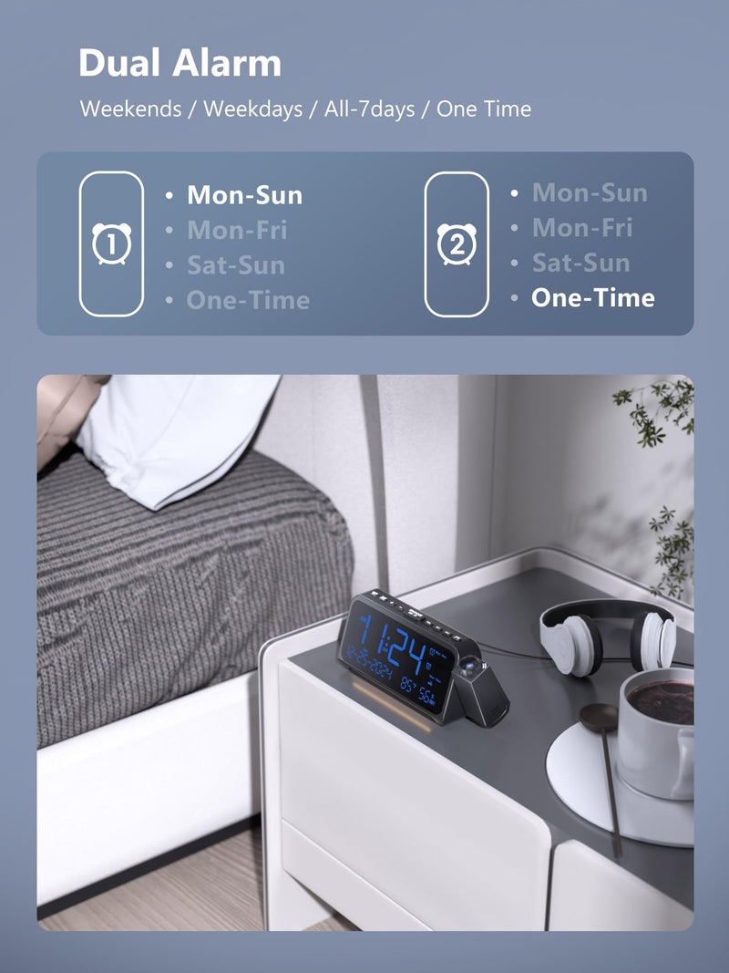 OnLyee Projection Alarm Clock for Bedroom, Alarm Clock with 350Â° Rotatable Projector, 5 Brightness, Dual Alarm with Weekday/Weekend Mode, Temp & Humidity, Snooze, Bedside Alarm Clock for Heavy Sleepers(Blue) - Image 5