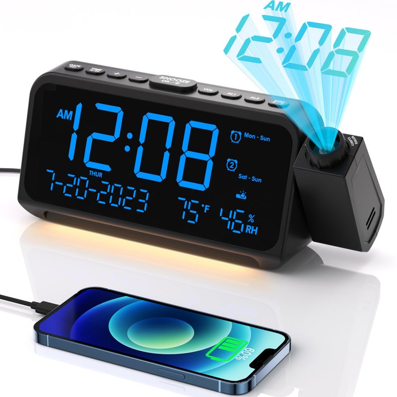 OnLyee Projection Alarm Clock for Bedroom, Alarm Clock with 350Â° Rotatable Projector, 5 Brightness, Dual Alarm with Weekday/Weekend Mode, Temp & Humidity, Snooze, Bedside Alarm Clock for Heavy Sleepers(Blue) - Image 1
