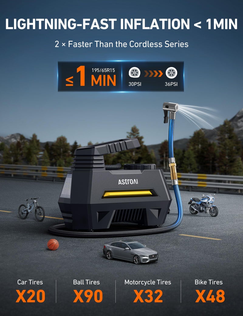 AstroAI Tire Inflator Portable Air Compressor Air Pump for Car Tires-Car Accessories, 9.8Ft Cord-12V DC-Powered Auto Pump with Digital Pressure Gauge, Emergency LED Light for Bicycle, Balloons, Yellow - Image 2