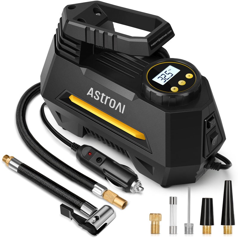 AstroAI Tire Inflator Portable Air Compressor Air Pump for Car Tires-Car Accessories, 9.8Ft Cord-12V DC-Powered Auto Pump with Digital Pressure Gauge, Emergency LED Light for Bicycle, Balloons, Yellow - Image 1