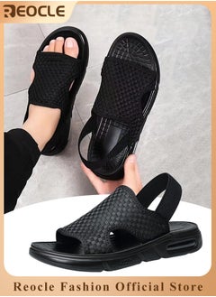 REOCLE Men's Sandals WovenSoft Sole Black Woven Summer Sandals Hiking Beach Sport Outdoor Sandals Outdoor Leather Closed Toe Beach Shoes  - Image 1
