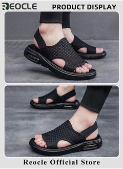 REOCLE Men's Sandals WovenSoft Sole Black Woven Summer Sandals Hiking Beach Sport Outdoor Sandals Outdoor Leather Closed Toe Beach Shoes  - Image 4