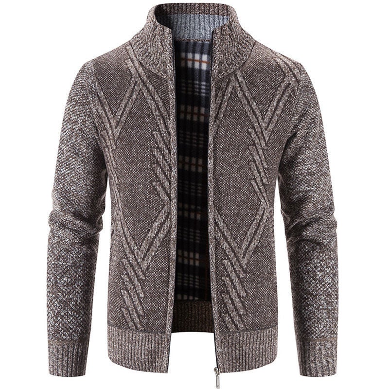 Sweater Top Autumn and Winter Solid Color Cardigan Casual All-match Slim-fit Collar Mens Zipper Collar Handsome Jacket 8858 coffee