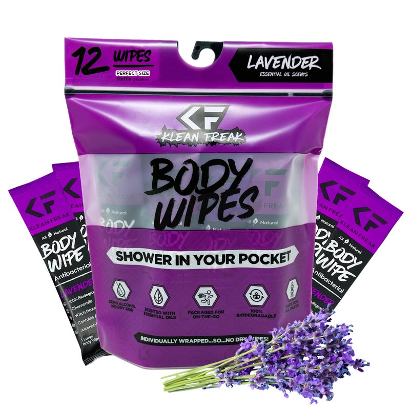 Klean Freak The Klean Freak Body Wipes 12 count Individually Wrapped Showerless Body Wipe for Women Men Sustainable Bodywipes for Gym Travel Camping Lavender - Image 2