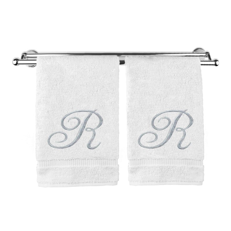 Monogrammed Hand Towel Personalized Gift 16 x 30 Inches  Set of 2  Silver Embroidered Towel  Extra Absorbent 100 Turkish Cotton Soft Terry Finish  For Bathroom Kitchen and Spa Script R White