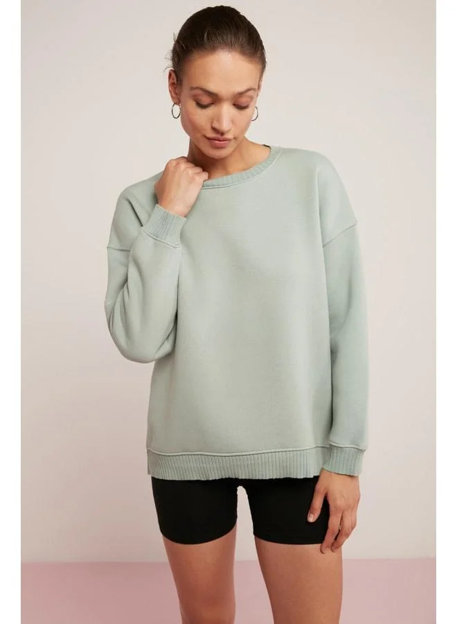 Ethiquet Brenda Women's Soft Inside‑Polo Round Neck Cords‑Detail Oversized Fit Mint Green Sweatshirt.