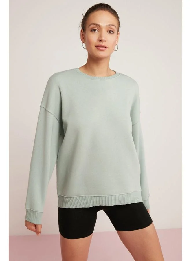 Ethiquet Brenda Women's Soft Inside‑Polo Round Neck Cords‑Detail Oversized Fit Mint Green Sweatshirt.
