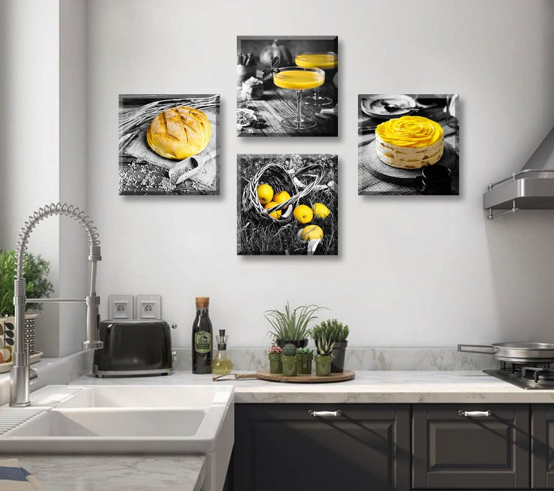 DJSYLIFE Kitchen Wall Decor Black and White Yellow Wall Art Bread Cake Fruit Picture Canvas Print Paintings for Cafe Dining Room Restaurant Farmhouse Kitchen Decoration 12" Wx12 Hx4 - Image 3