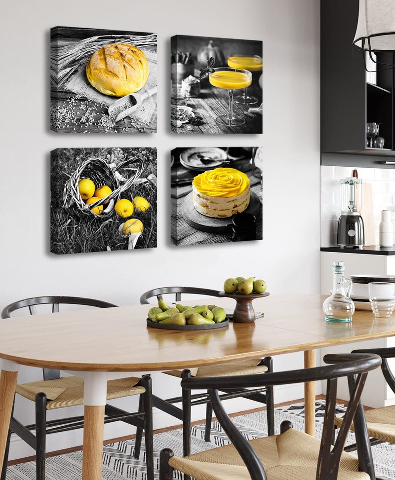 DJSYLIFE Kitchen Wall Decor Black and White Yellow Wall Art Bread Cake Fruit Picture Canvas Print Paintings for Cafe Dining Room Restaurant Farmhouse Kitchen Decoration 12" Wx12 Hx4 - Image 4
