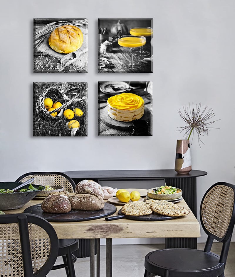 DJSYLIFE Kitchen Wall Decor Black and White Yellow Wall Art Bread Cake Fruit Picture Canvas Print Paintings for Cafe Dining Room Restaurant Farmhouse Kitchen Decoration 12" Wx12 Hx4 - Image 2