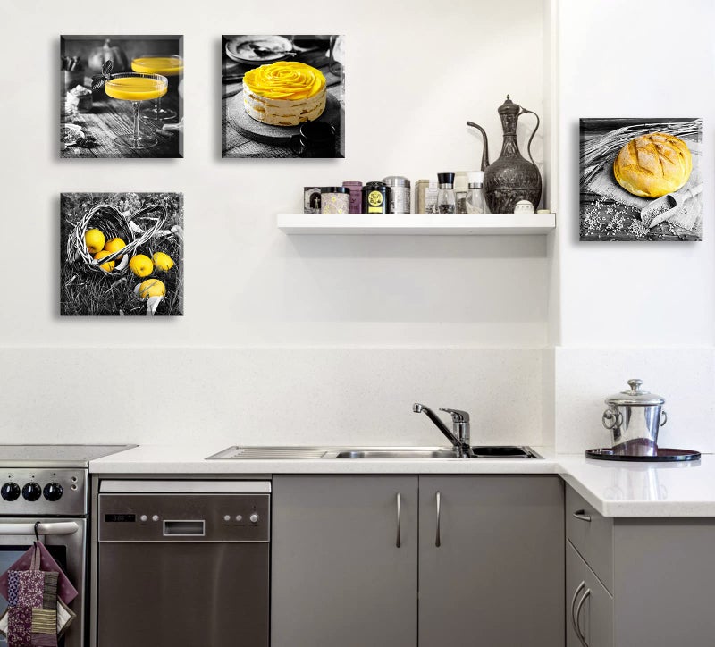 DJSYLIFE Kitchen Wall Decor Black and White Yellow Wall Art Bread Cake Fruit Picture Canvas Print Paintings for Cafe Dining Room Restaurant Farmhouse Kitchen Decoration 12" Wx12 Hx4 - Image 5