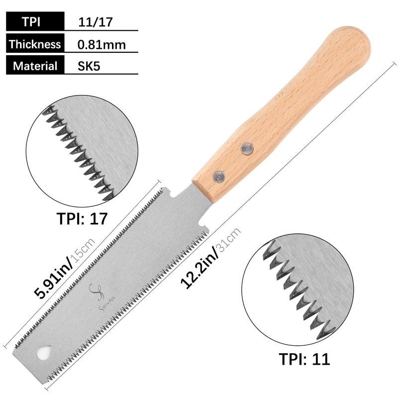 SS SHOVAN Japanese Hand Saw Woodworking Tools, SS SHOVAN Double Edged 11/17 TPI Flush Cut Saw, Wooden Handle Pull Saw Small Handsaw for Fine Cutting Wood - Image 2