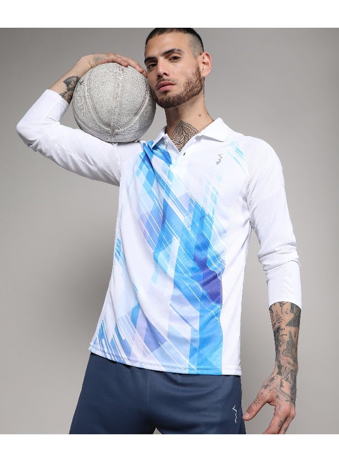 Men's White & Blue Contrast Print Activewear T-Shirt