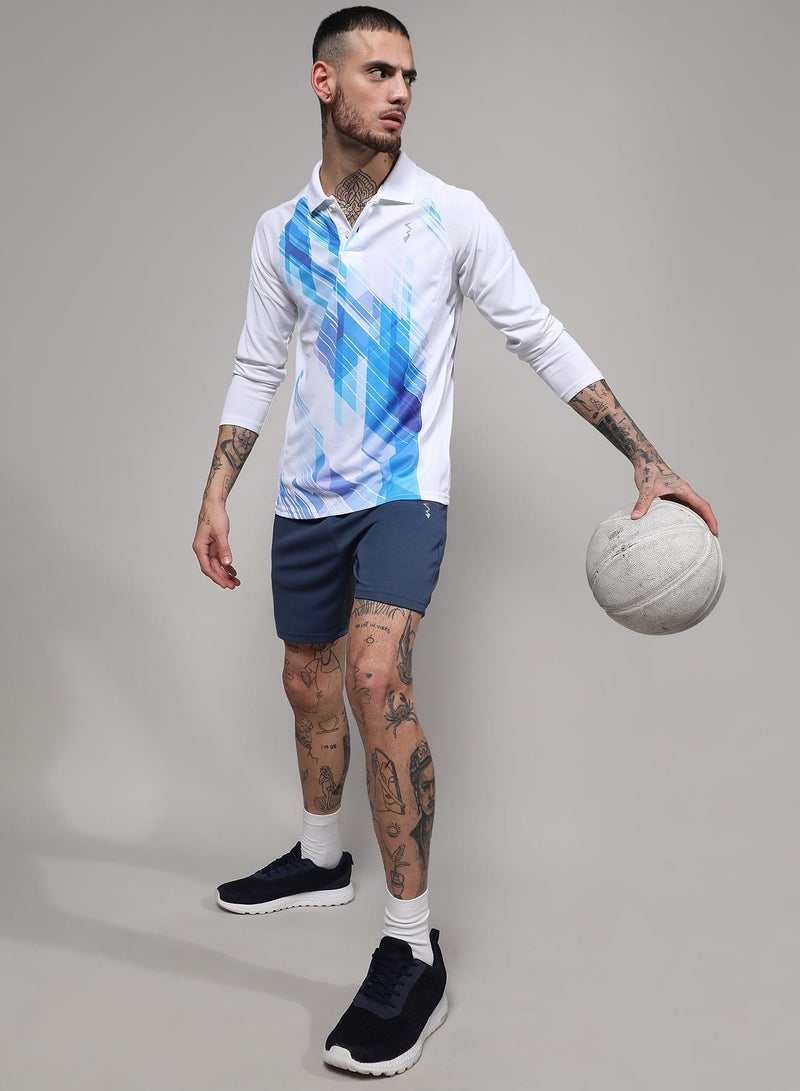 Men's White & Blue Contrast Print Activewear T-Shirt