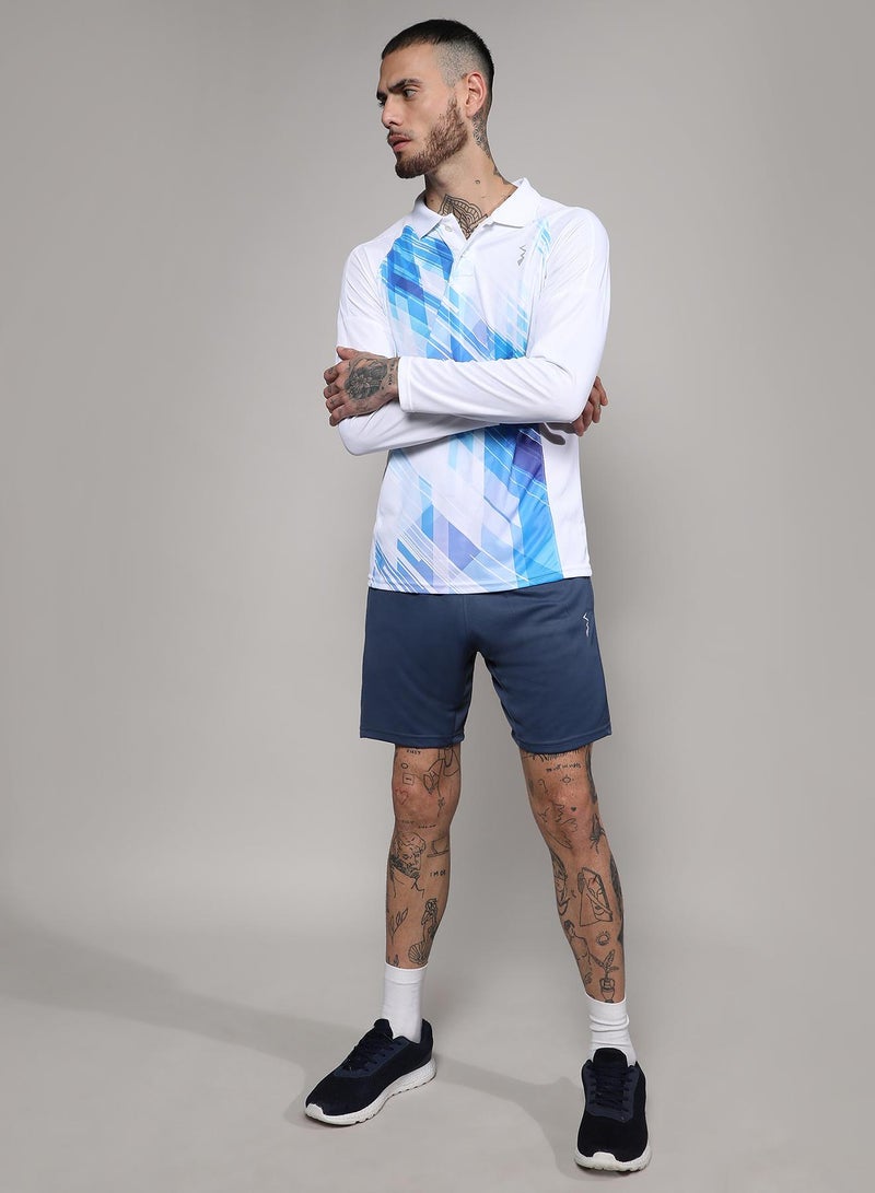 Men's White & Blue Contrast Print Activewear T-Shirt