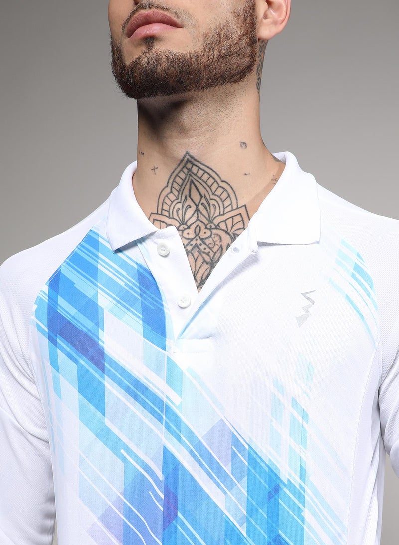 Men's White & Blue Contrast Print Activewear T-Shirt