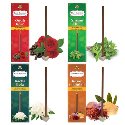 Hari Darshan Bamboo Less Incense Sticks | Oudh | Rose | Shyam Tulsi | Kacha Bela | Kesar Chandan | Agarbatti for Pooja, Meditation & Yoga | Long Lasting Fragrance Dhoop Holder | Pack of 4-120 Sticks - Image 1