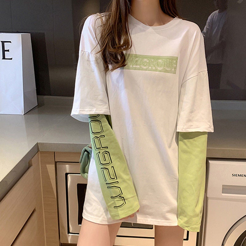 Fake two-piece long-sleeved T-shirt womens spring and autumn loose 2023 new Korean style student bottoming shirt top summer fashion White 7029 [heavy industry bag back collar]]