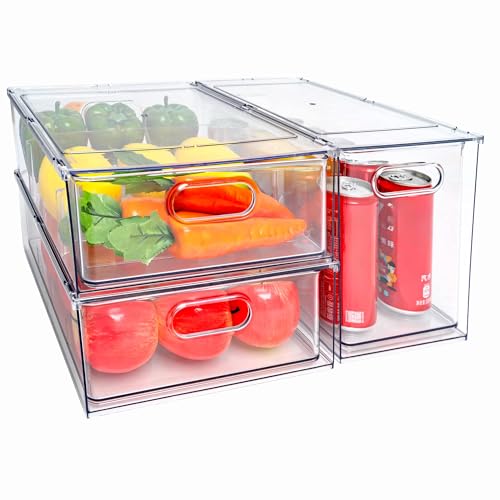 MineSign Stackable Fridge Drawer Pull-Out Bins with Handles 3 Pack Large Clear Food Container with Removable Dividers Refrigerator Storage box Divided Produce Saver for Pantry Kitchen - Image 1