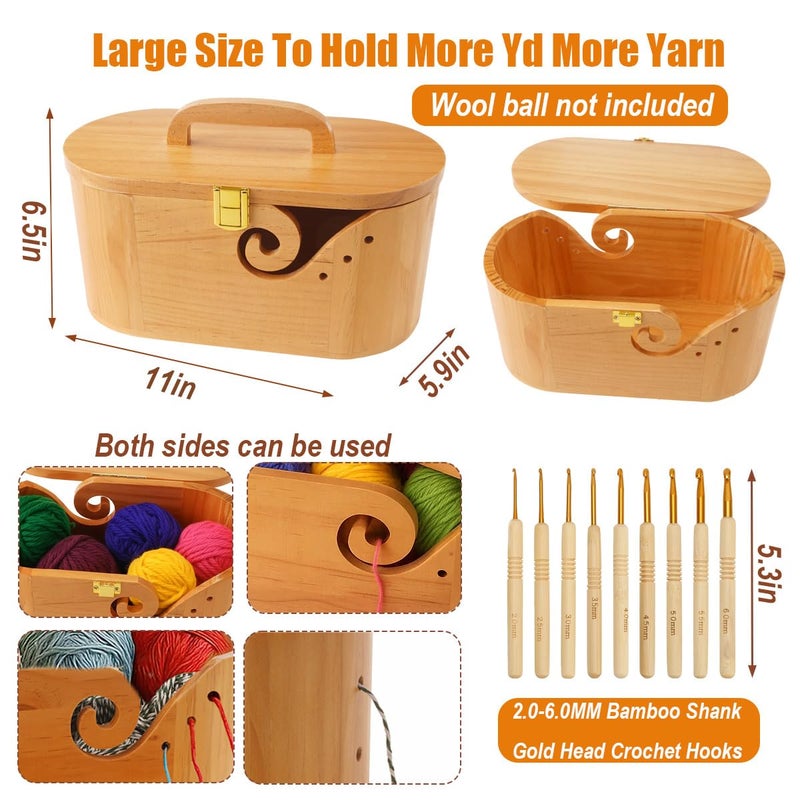 Sivlnian Portable Oval Wooden Yarn Bowl - with Lid, Lock & Handle, 9 Knitting Hooks Set, Perfect Organizer for Threads & Knitting Supplies - Image 5