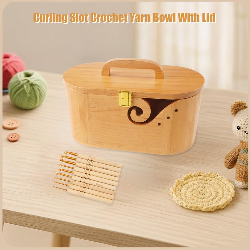 Sivlnian Portable Oval Wooden Yarn Bowl - with Lid, Lock & Handle, 9 Knitting Hooks Set, Perfect Organizer for Threads & Knitting Supplies - Image 3