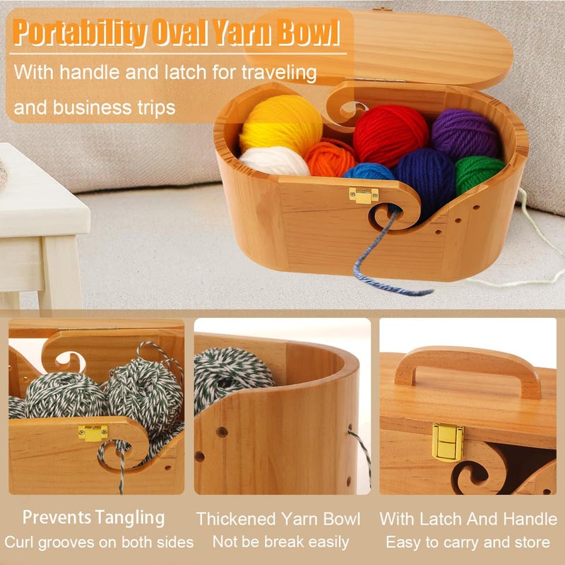 Sivlnian Portable Oval Wooden Yarn Bowl - with Lid, Lock & Handle, 9 Knitting Hooks Set, Perfect Organizer for Threads & Knitting Supplies - Image 4