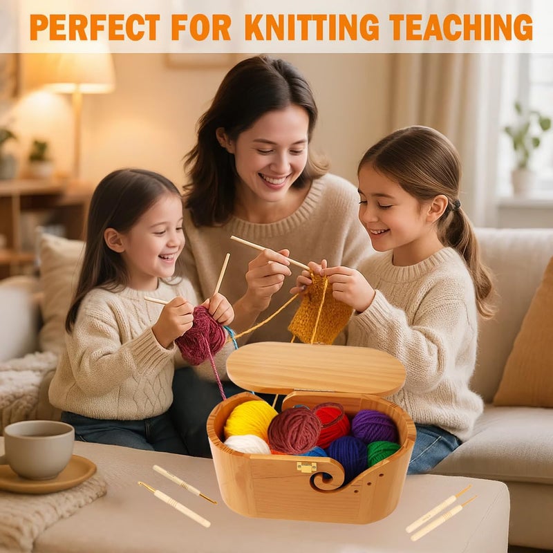 Sivlnian Portable Oval Wooden Yarn Bowl - with Lid, Lock & Handle, 9 Knitting Hooks Set, Perfect Organizer for Threads & Knitting Supplies - Image 2
