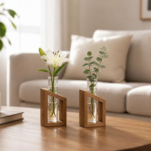 LABZIO Artistic Wooden Stand Flower Vase Set of 2 with Borosilicate Glass 3.3 – Elegant Diwali Home Decor, Festive Floral Display, Table Centerpiece, Living Room & Pooja Room Decoration - Image 1