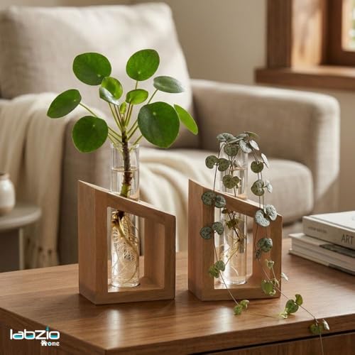 LABZIO Artistic Wooden Stand Flower Vase Set of 2 with Borosilicate Glass 3.3 – Elegant Diwali Home Decor, Festive Floral Display, Table Centerpiece, Living Room & Pooja Room Decoration - Image 2