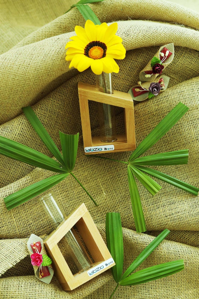 LABZIO Artistic Wooden Stand Flower Vase Set of 2 with Borosilicate Glass 3.3 – Elegant Diwali Home Decor, Festive Floral Display, Table Centerpiece, Living Room & Pooja Room Decoration - Image 3