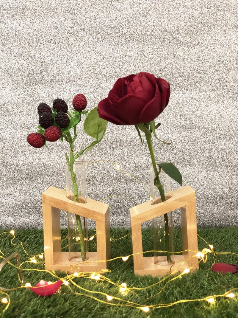 LABZIO Artistic Wooden Stand Flower Vase Set of 2 with Borosilicate Glass 3.3 – Elegant Diwali Home Decor, Festive Floral Display, Table Centerpiece, Living Room & Pooja Room Decoration - Image 5